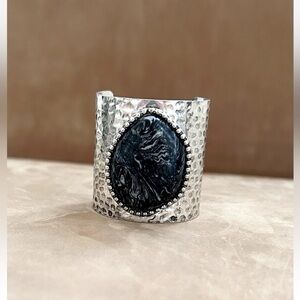 Free People Gloria Black Stone Silver Toned Metal Hair Pony Wrap NWOT